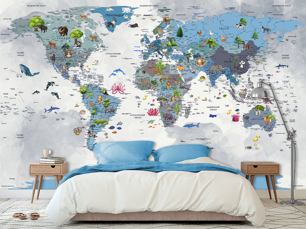 Wallpaper for decoration of Kids room, Peel and Stick film Oracal with the pattern “Kids map of the world”