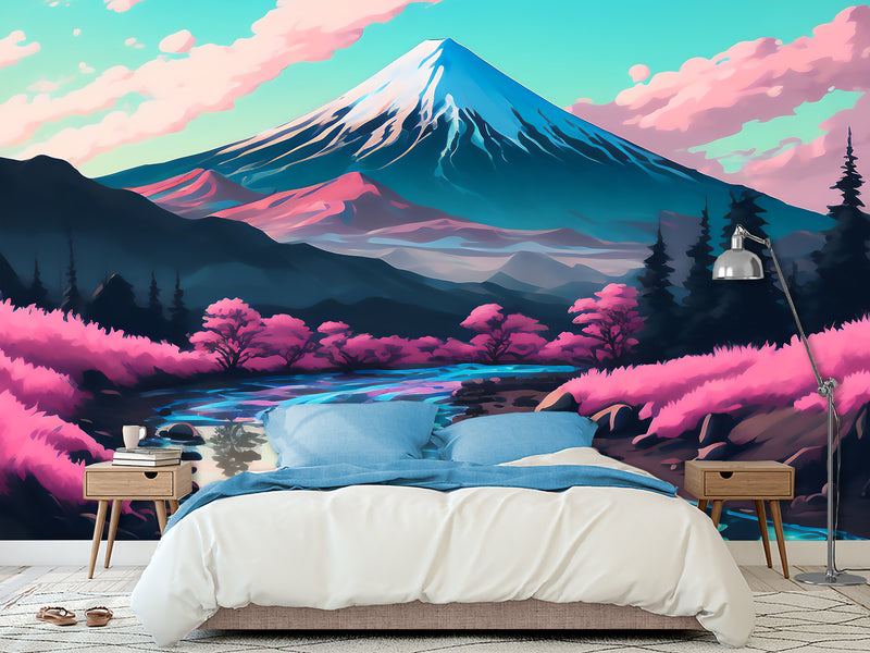 Artistic Design Vinyl Wallpaper Peel and Stick Wall Mural for Living Room, Office, Perfect for Creative Space "Mount Fuji in Anime Style" 🎨