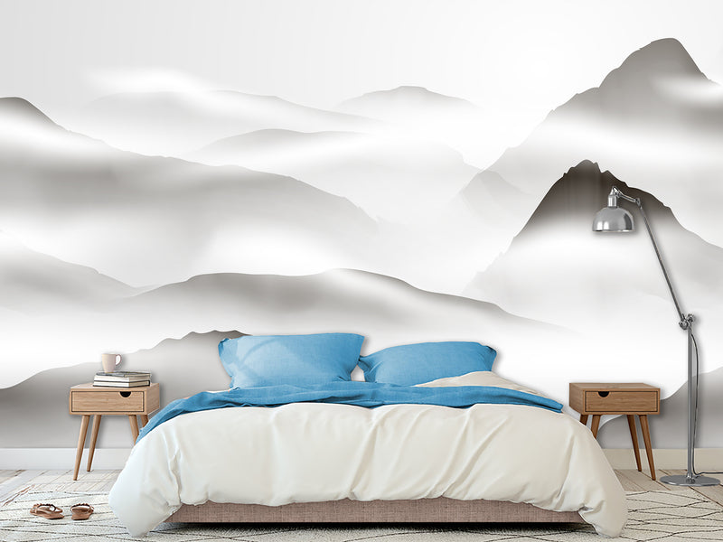 Natural Wall Mural, Calm Tones for Hall or Living Room, Non-Woven Full Wall Mural "Silhouettes of Mountains in Clouds" 🌄