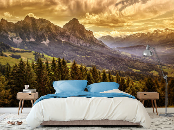 Traditional Full Wall Mural for Lounge or Bedroom – Mountains, Valleys, and Forest Landscape