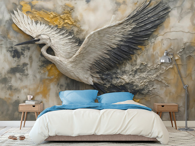 Non-Woven Wallpaper with Art Print "Flight of the Stork" — Artistic Wall Mural for Home Interior