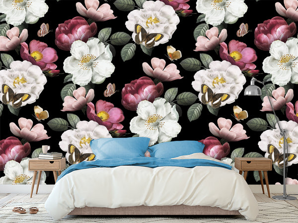 Floral Print Traditional Photo Wallpaper. Accent Wall for Living Room or Lounge – "Flight of Butterflies over Flowers"