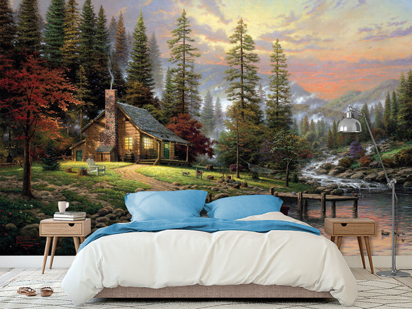 Peel and Stick Mural Scenic Photo Wallpaper – "Cabin In The Forest" Design For Cozy Home Decor