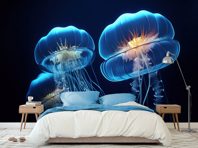 Sea Print Vinyl Wallpaper Peel and Stick – Unique Design Mural "Jellyfish", Wall Mural for Office or Living Room
