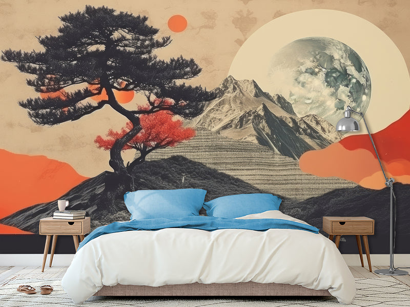 Traditional Full Wall Mural in Vintage Style, Modern Mountains and Moon for Bedroom, Hall 🌙🏔️