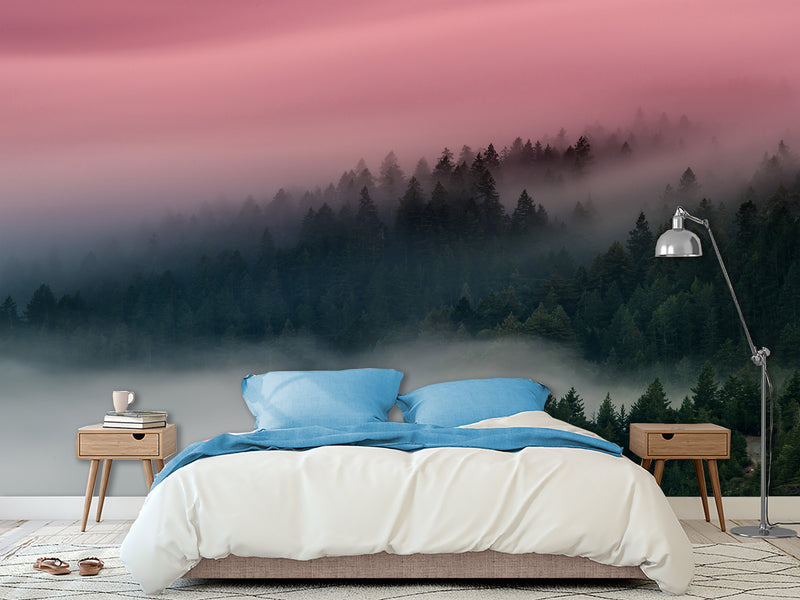 Peel & Stick Wall Mural – "Emerald Sky Over the Foggy Forest",  Vinyl Wallpaper For  Living Room, Bedroom, Or Stylish Home Interior Decor