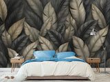 Natural Print Vinyl Wallpaper Peel and Stick For Living Room, Bedroom "Dark Chic: Abstract Leaves"
