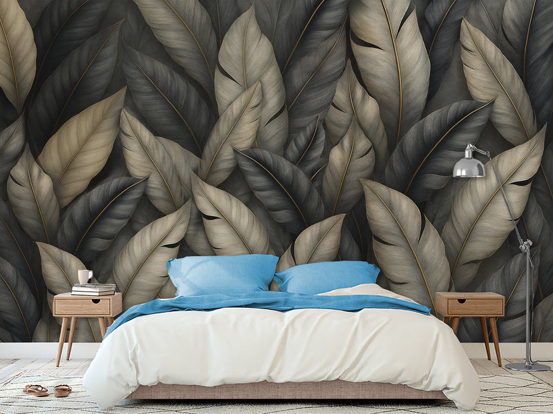 Natural Print Vinyl Wallpaper Peel and Stick For Living Room, Bedroom "Dark Chic: Abstract Leaves"