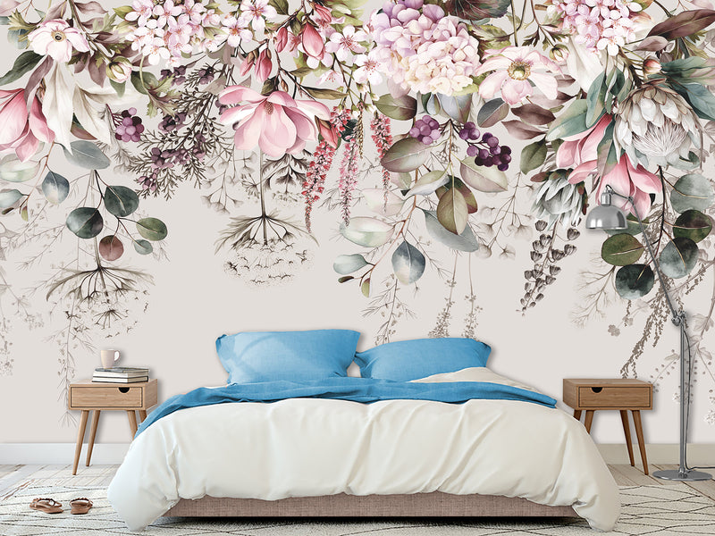 Floral Print Non-Woven Wallpaper – "Delicate Pink and White Flowers", Stylish Wall Mural for Home Interior