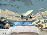 Full Wall Traditional Wallpaper For Office, Home Workspace, Or Studio "Aircraft Flying In The Sky Over Mountains" Comic Style