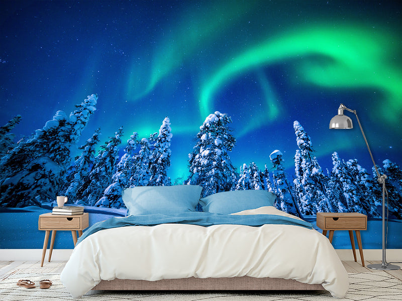 Non-Woven Full Wall Mural Wallpaper Northern Lights in a Winter Forest For Lounge Area, Bedroom, Or Reception