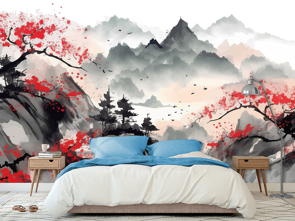 Asian Art  Peel and Stick Wall Mural "Japanese Landscape" Photo Wallpaper For Bedroom Living Room Decor