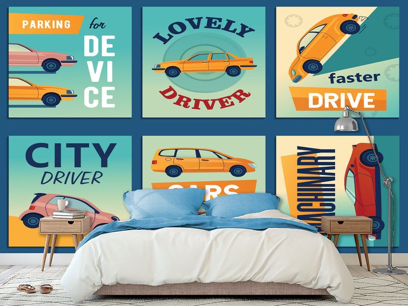 Peel and Stick Mural All Wall Wallpaper Retro Car Collage for Room or Gym Print for Wall