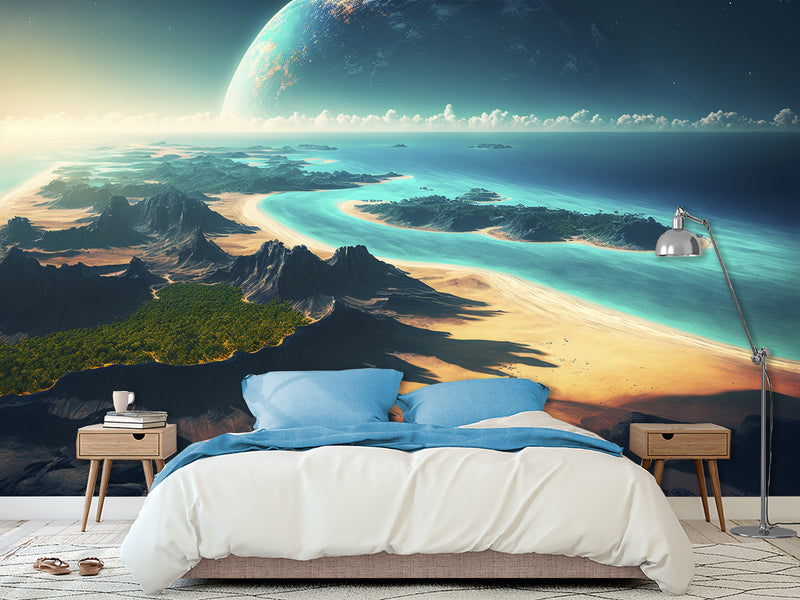 Fantastic Non-Woven Wall Murals “View of an Incredible Planet from the Beach” – Perfect for Bedroom or Living Room Design