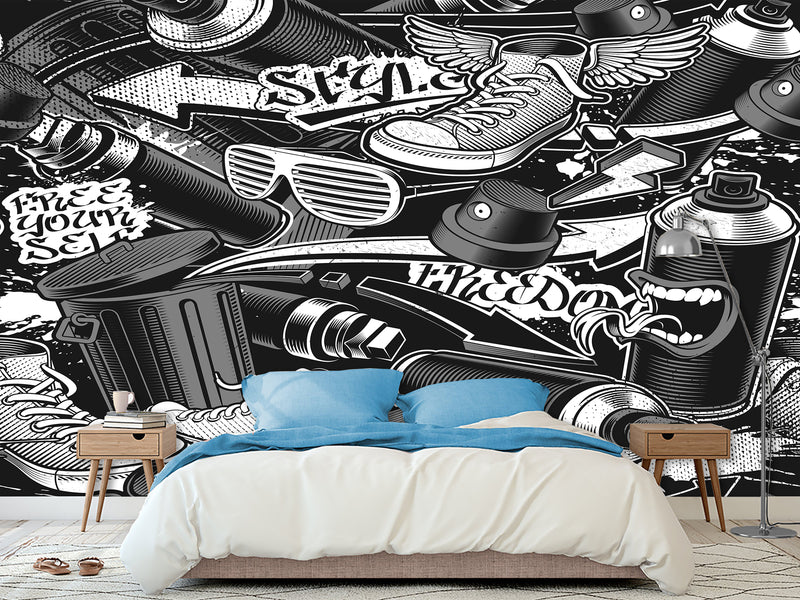 Comic Style Print High-Quality Vinyl Wallpaper Peel and Stick For Wall For Teen Room Studio "Black And White Graffiti"