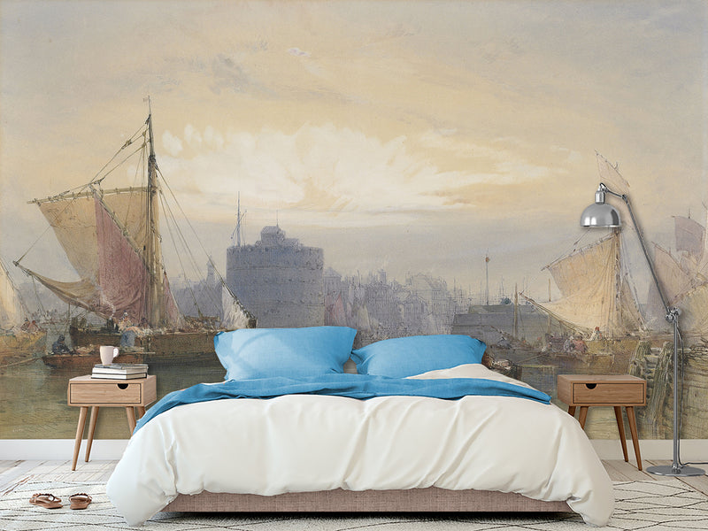 Self-Adhesive Wall Mural Full Wall Accent Wallpaper for Living Room or Bedroom Design "Fishing Boats Waiting for the Tide, Port of Havre"