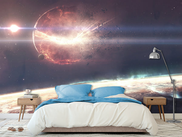 Peel and Stick Full Wall Mural Print Planet Breaking Into Fragments for Living Room or Bedroom