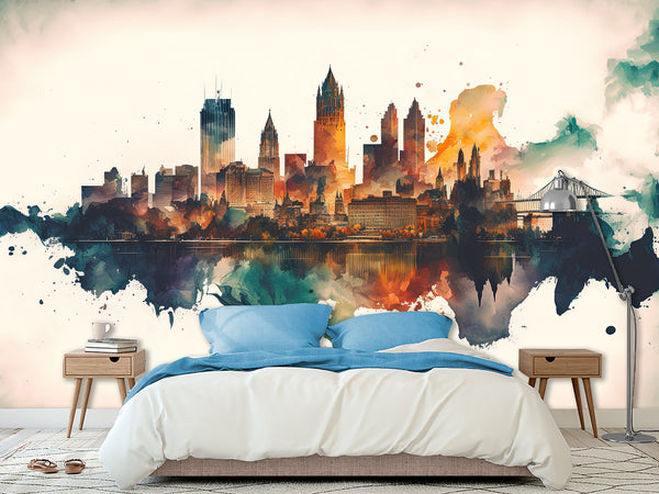 Full-Wall Mural Vinyl Wallpaper Peel and Stick Design For Workshop, Office, Or Hall “City In Watercolor”