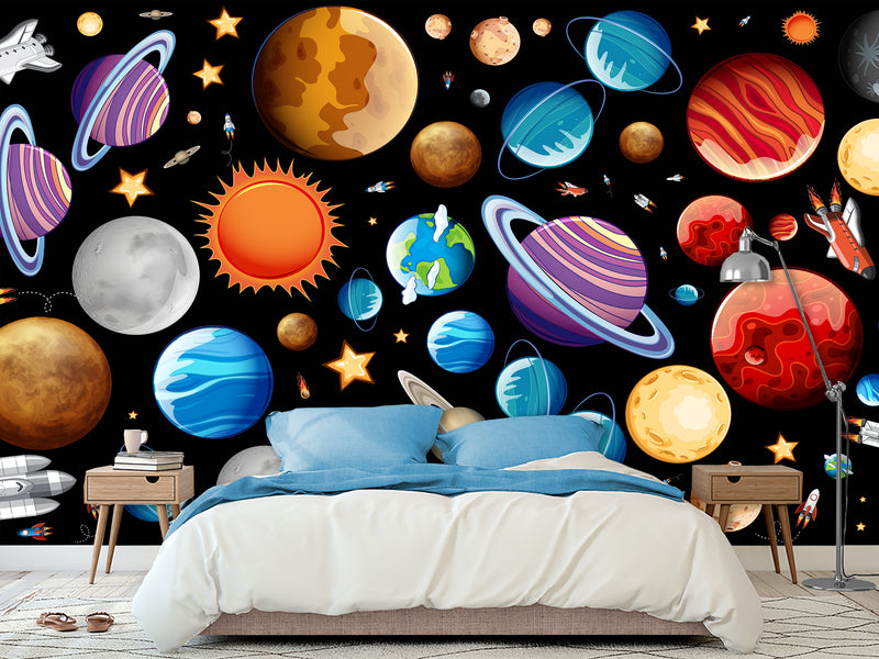 Self-Adhesive Full-Wall Wallpaper, In-House Production — Wall Mural For Living Room Or Kids’ Room “Vibrant Planets”.