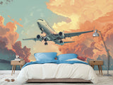 Vinyl Wallpaper Peel and Stick Comic Style Print Mural For Bedroom, Kids Room "Airplane Flying Through the Evening Sky"