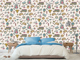 Modern Non-Woven Wallpaper — Educational School Wallpaper for Kids "Backpacks, Globes, and Books Print"