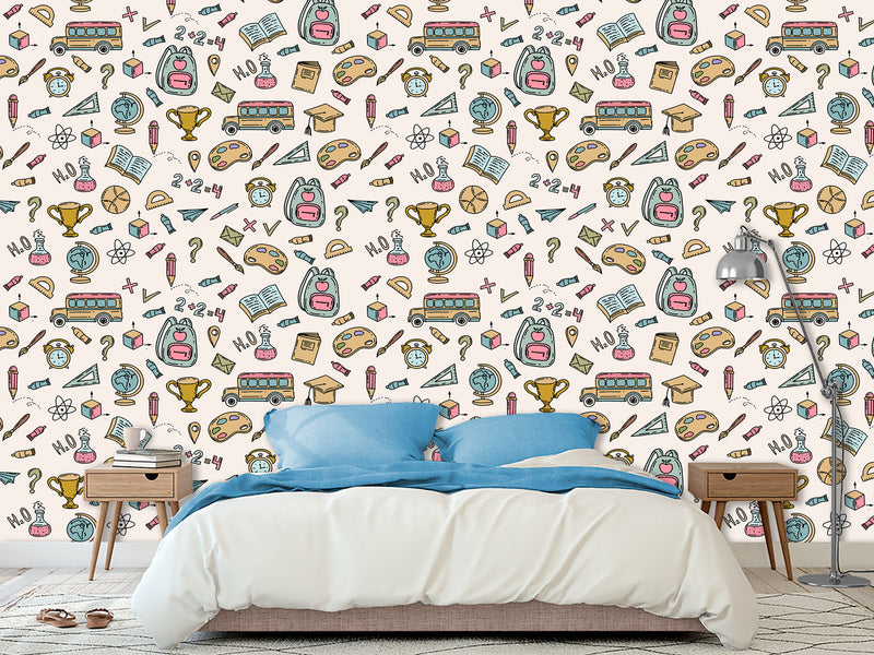 Modern Non-Woven Wallpaper — Educational School Wallpaper for Kids "Backpacks, Globes, and Books Print"