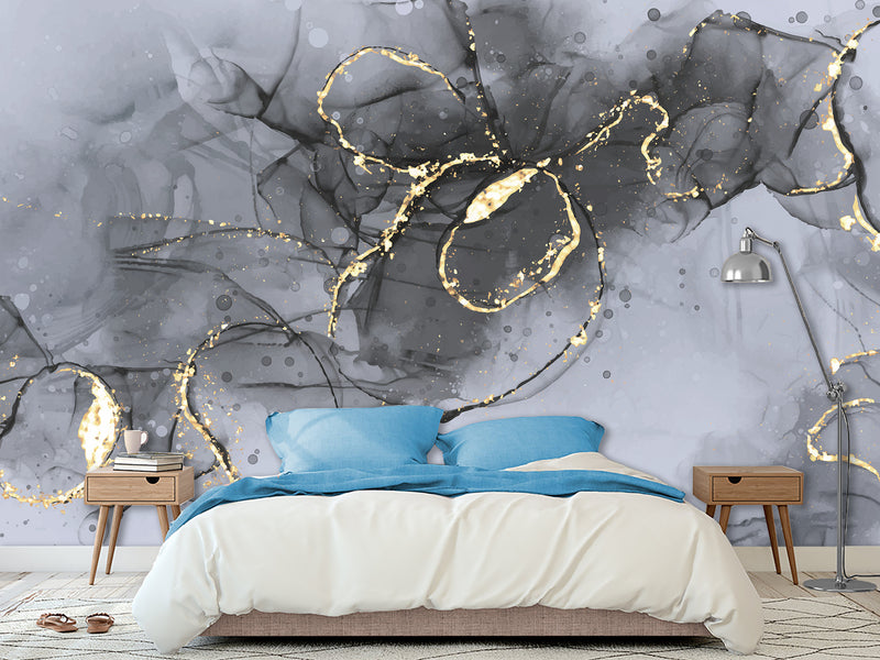 Abstract Style Full Wall Traditional Mural "Grey and Gold Blizzard" For Living Room, Relax Zone, Bedroom