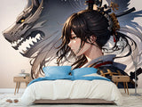 Traditional Anime-Style Wall Mural – "Samurai Girl" for Office or Living Room, Non-Woven Wallpaper