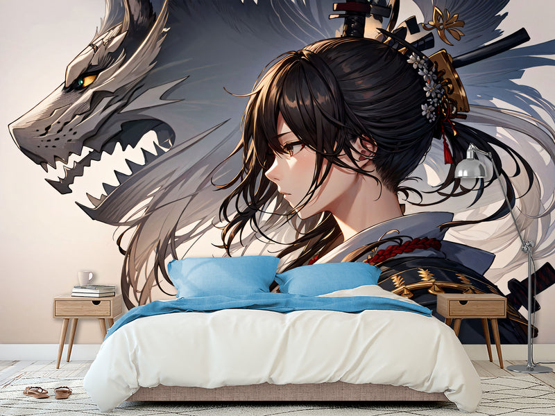 Traditional Anime-Style Wall Mural – "Samurai Girl" for Office or Living Room, Non-Woven Wallpaper