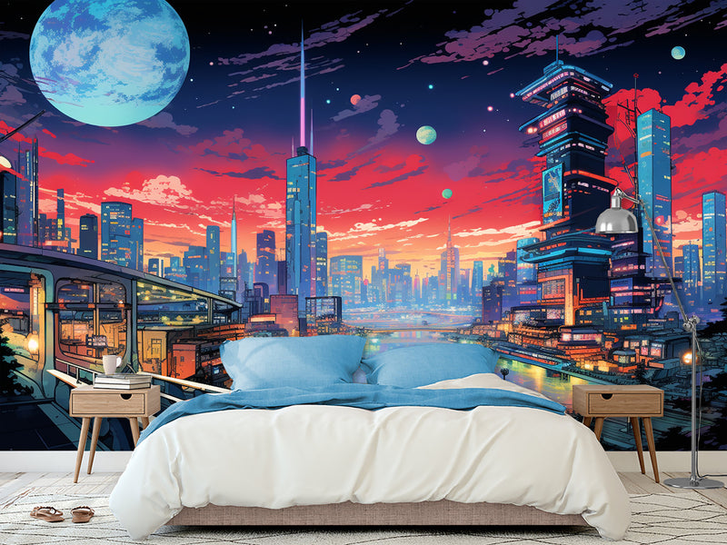 High-Quality Full-Wall Vinyl Wallpaper Peel and Stick for Office or Gym – "Cityscape Inspired by Anime", Modern Design Mural