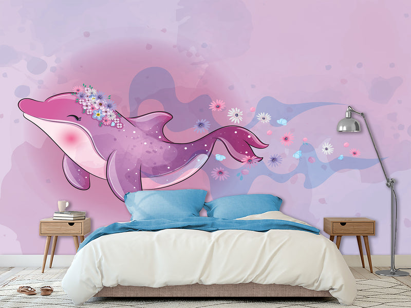 Peel and Stick Vinyl Wallpaper "Purple Dolphin For Kids" Mural Design For Playroom, Idea For A Magical Kids Room