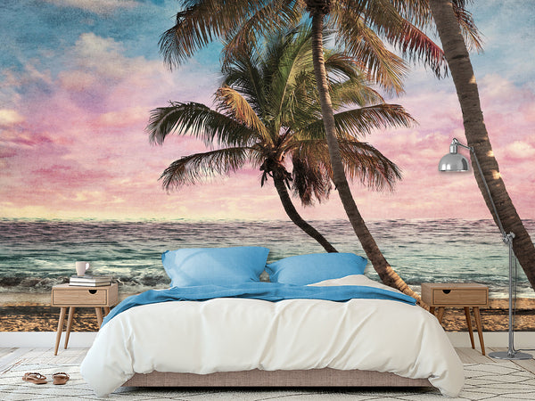 Natural Print Traditional Wall Mural 'Tropical Beach at Sunset', Decor for Office, Bedroom, Living Room