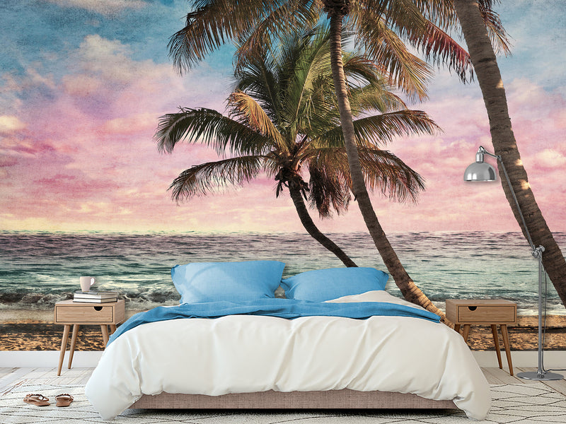Natural Print Traditional Wall Mural 'Tropical Beach at Sunset', Decor for Office, Bedroom, Living Room