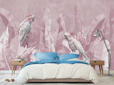 Tropical Pastel Botanical Print Peel and Stick Mural “Parrots in Palm Leaves” – Perfect for Decorating Bedrooms and Living Rooms