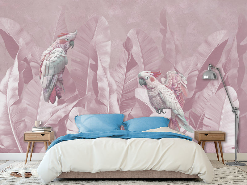 Tropical Pastel Botanical Print Peel and Stick Mural “Parrots in Palm Leaves” – Perfect for Decorating Bedrooms and Living Rooms