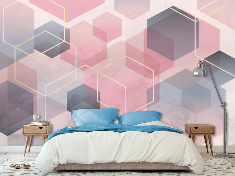 Abstract Modern Non-Woven Wall Mural 'Pink Honeycombs', Decor for Office, Bedroom, Living Room