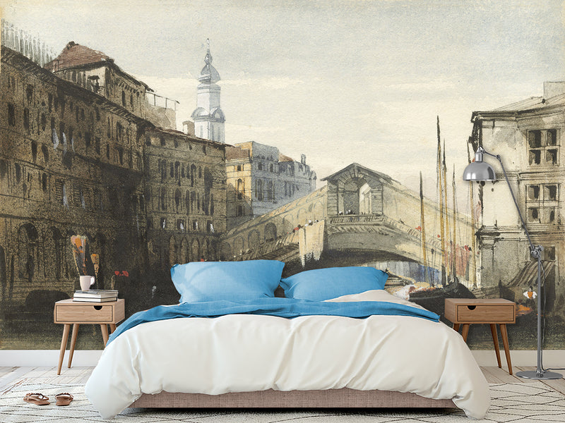 Peel and Stick Mural Vintage Style For Living Room or Bedroom - William Callow The Rialto Bridge Venice