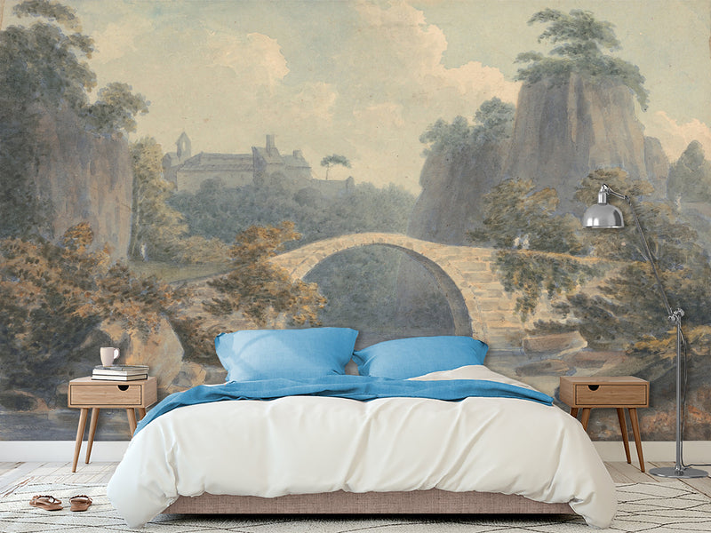 Peel and Stick Wall Mural – John Warwick Smith – River Landscape with a Single Arched Bridge – Full Wall Art for Home Interior