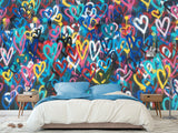 Non-Woven Wall Mural 3D Graffiti Wallpaper “Colorful Hearts” – For Accent Wall in Bedroom, Kitchen, or Living Room