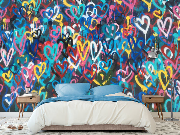 Non-Woven Wall Mural 3D Graffiti Wallpaper “Colorful Hearts” – For Accent Wall in Bedroom, Kitchen, or Living Room