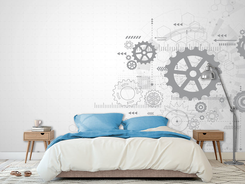 Peel and Stick Vinyl Wallpaper Schematic Gear Mechanism Design for Office Accent Wall Mural