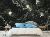 Vinyl Wallpaper Pell and  Stick Print For Living Room Or Bedroom, Full-Wall Design Mural “Cosmic Motion: Planets And Stars” — Perfect For An Accent Wall