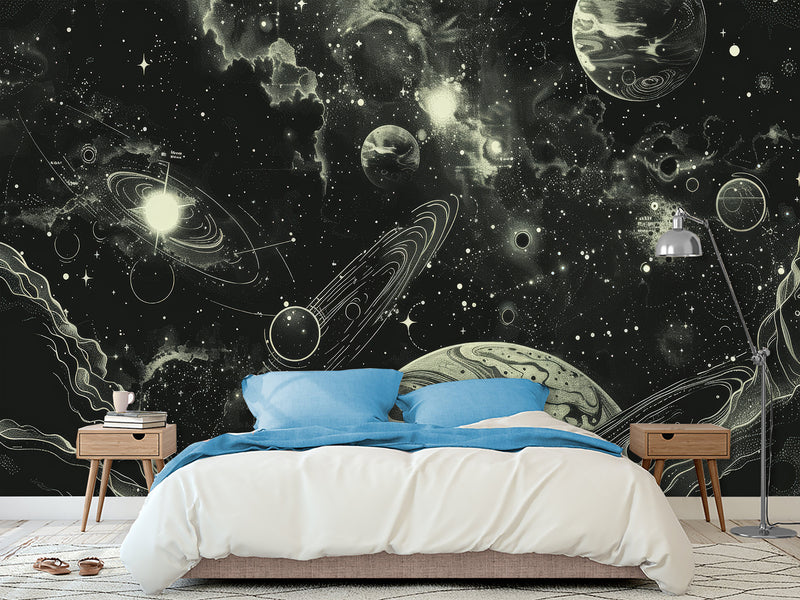 Vinyl Wallpaper Pell and  Stick Print For Living Room Or Bedroom, Full-Wall Design Mural “Cosmic Motion: Planets And Stars” — Perfect For An Accent Wall