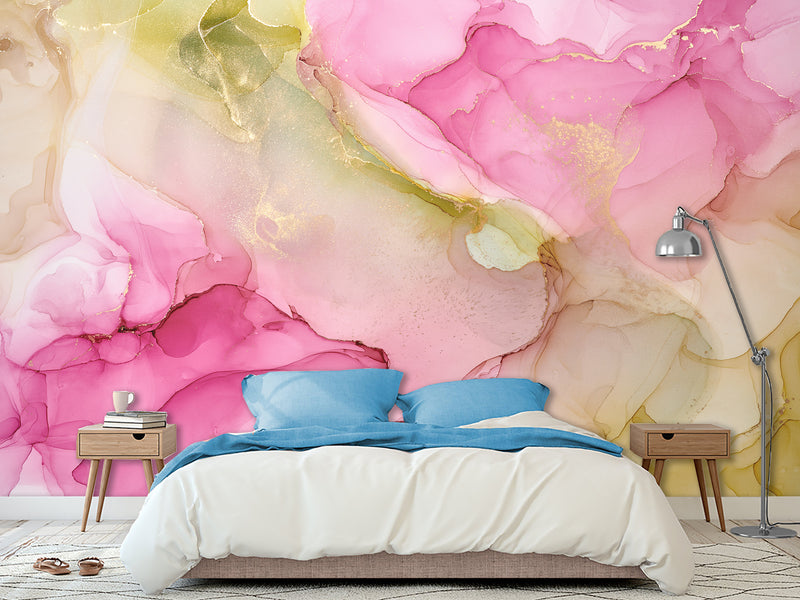Pink and Green Abstract Intertwining. Self-Adhesive Wallpaper Art Print for Walls. Unique Abstraction Décor for Living Room or Hall "Abstract Flower Petal" 🌸