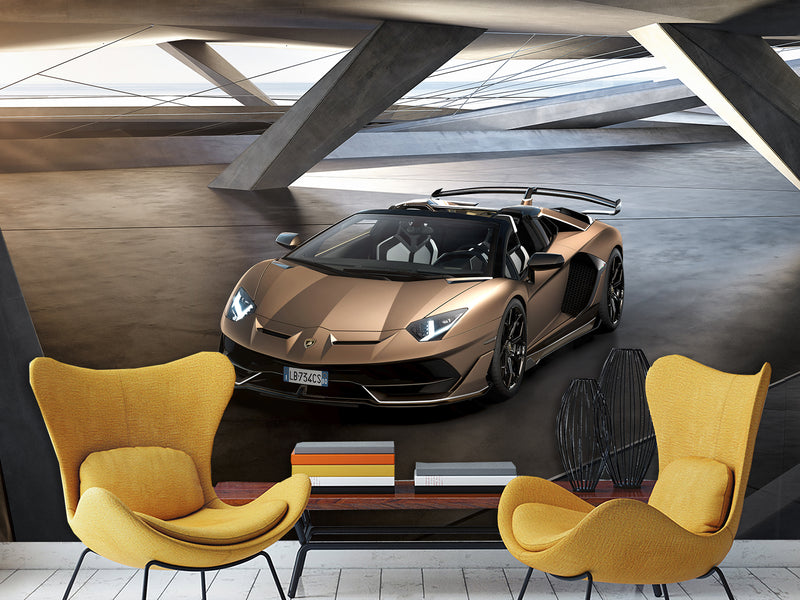 Premium Non-Woven Wallpaper for Teen Room - Lamborghini Aventador Gold 3D Wall Mural