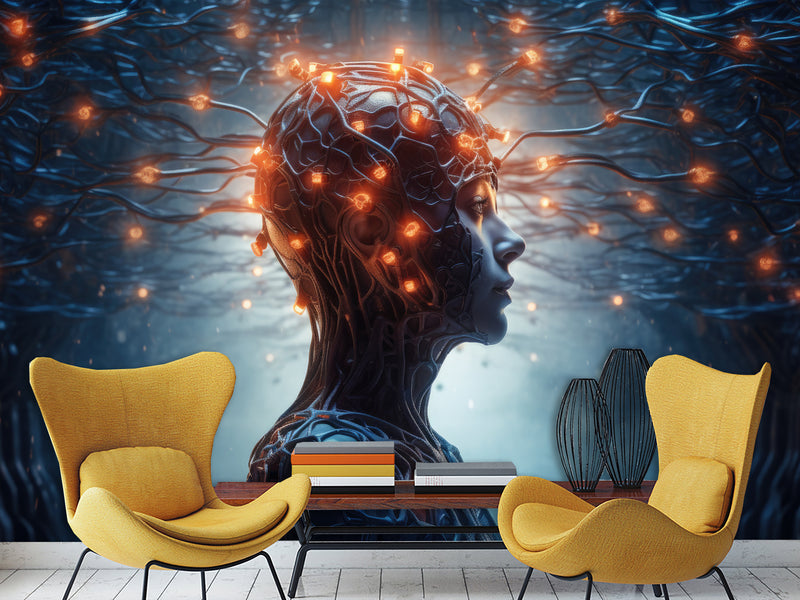 Futuristic Peel & Stick Wall Mural for Living Room, Office, or Gym – 'AI: Thoughts and Data'"