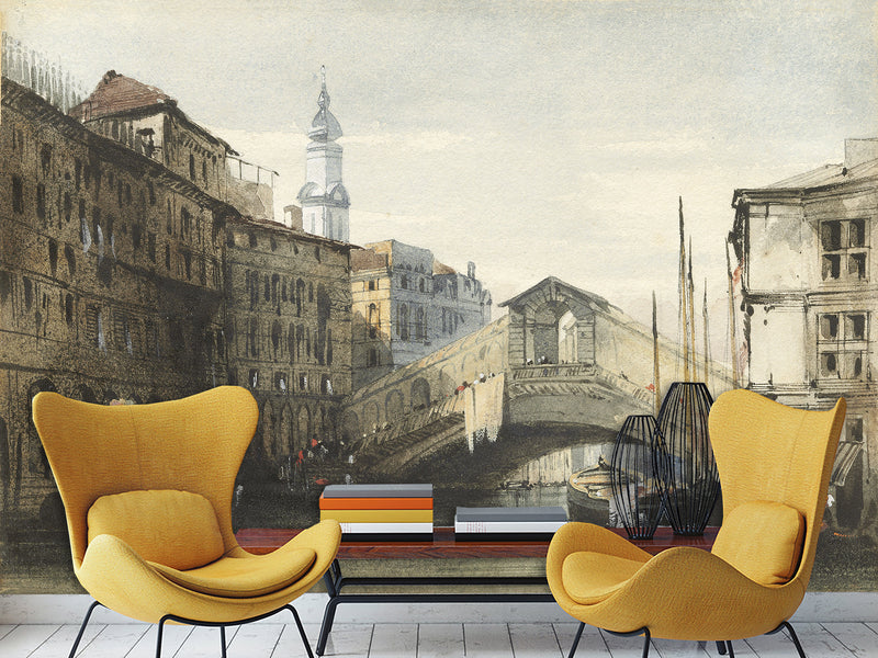 Peel and Stick Mural Vintage Style For Living Room or Bedroom - William Callow The Rialto Bridge Venice