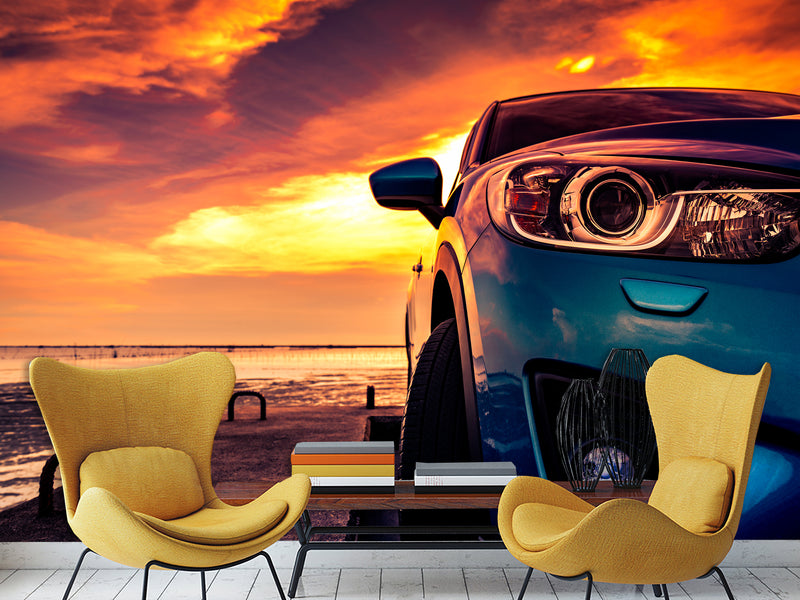 Non-Woven Photo Wallpaper Design For Gym, Living Room, Lounge Area "SUV On The Pier Lit By Sunset"