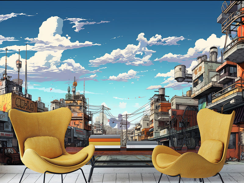 Modern Self-Adhesive Wallpaper – "Anime-Style City" Art Design for Bedroom or Living Room