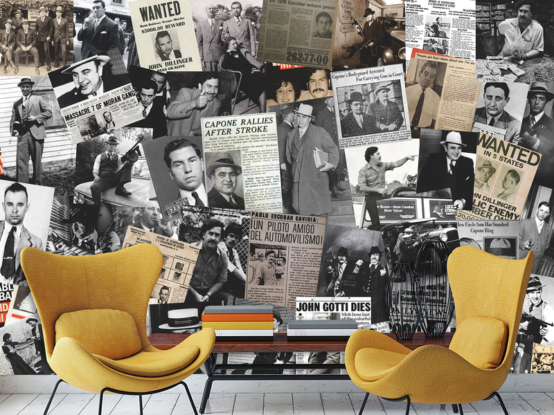 Peel and Stick Mural for Gym, Living Room, Workshop – "Gangsters and Mafia" Vintage-style Wallpaper Featuring Images of Crime Bosses